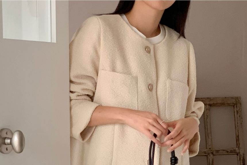Round Neck Plain Button-Up Tweed Jacket