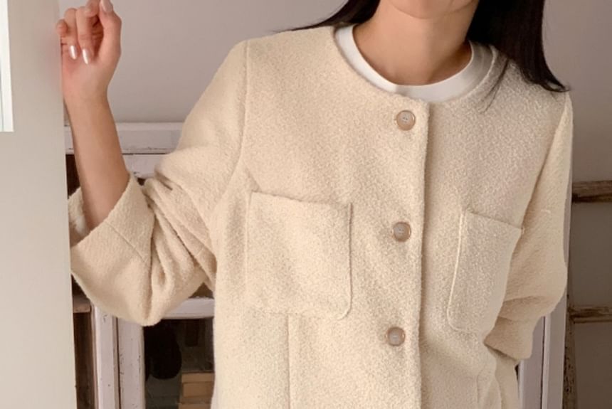Round Neck Plain Button-Up Tweed Jacket