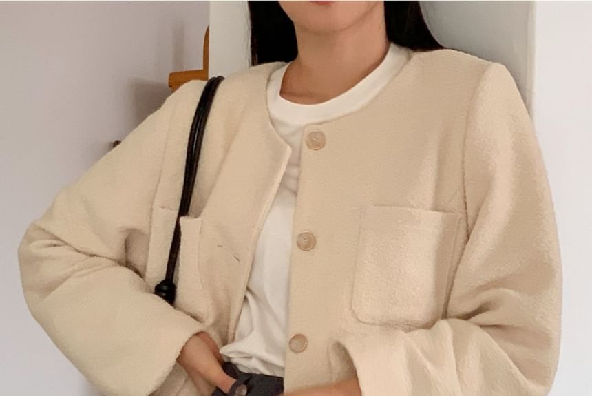 Round Neck Plain Button-Up Tweed Jacket