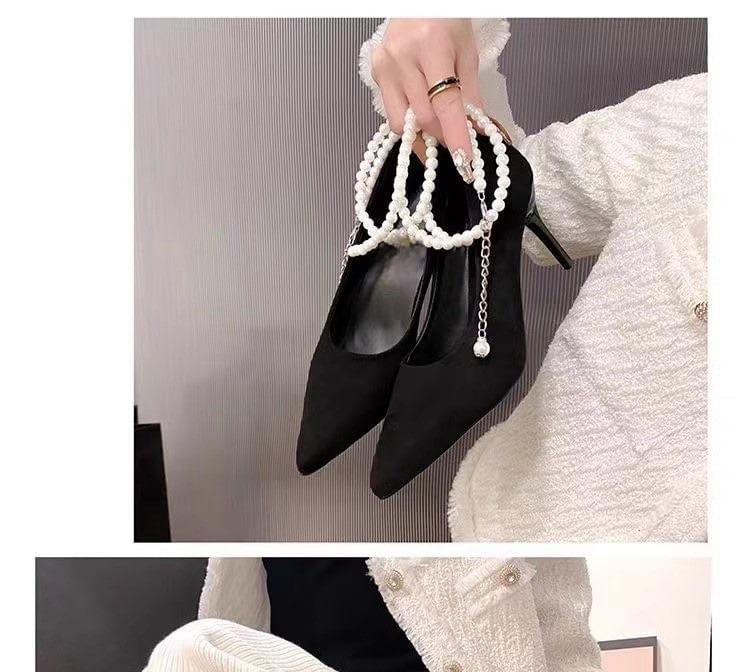 Pearl Heel Stiletto Faux Strap Pumps Pointy