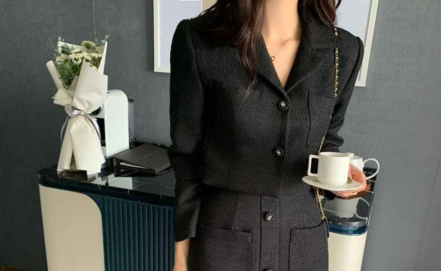 Plain Tweed Crop Single-Breasted Blazer / High Rise Button Front Midi Straight Skirt