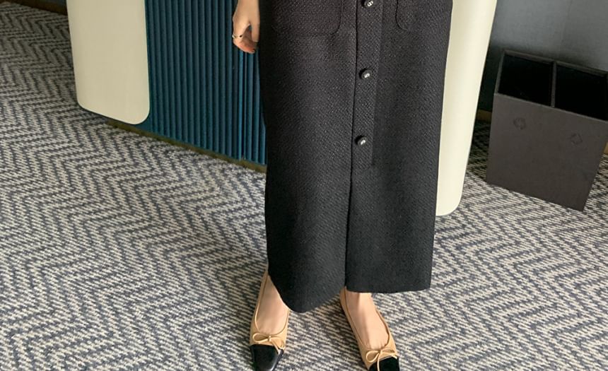 Plain Tweed Crop Single-Breasted Blazer / High Rise Button Front Midi Straight Skirt