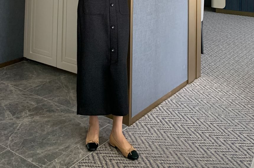 Plain Tweed Crop Single-Breasted Blazer / High Rise Button Front Midi Straight Skirt