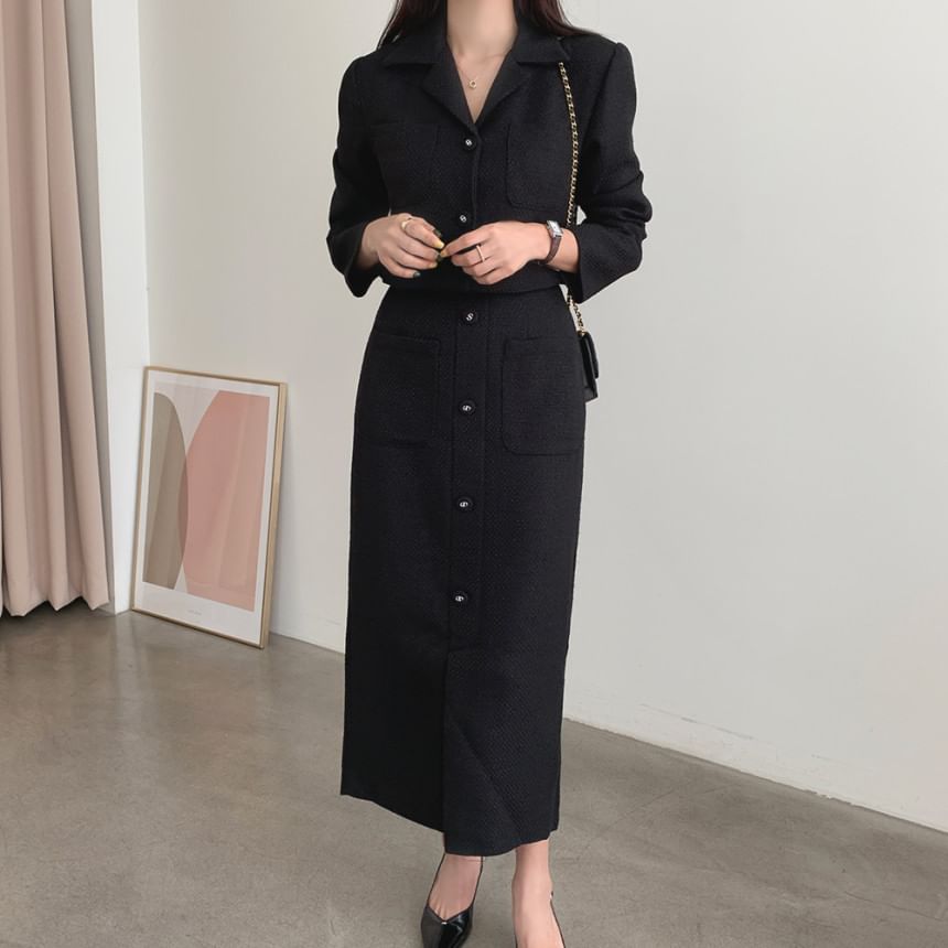 Plain Tweed Crop Single-Breasted Blazer / High Rise Button Front Midi Straight Skirt