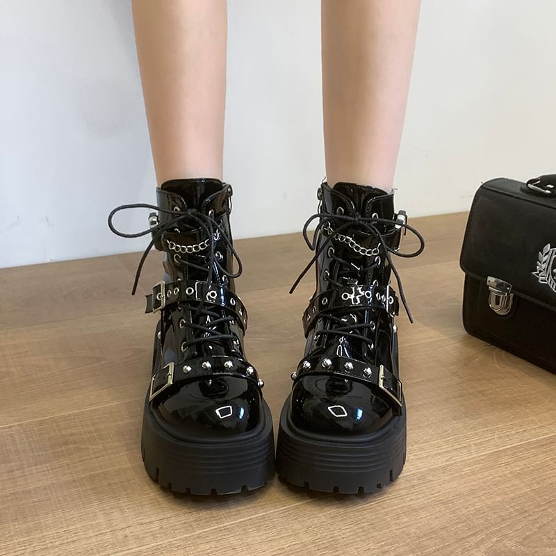 Patent Leather Boots Studded Platform Buckled Up Lace