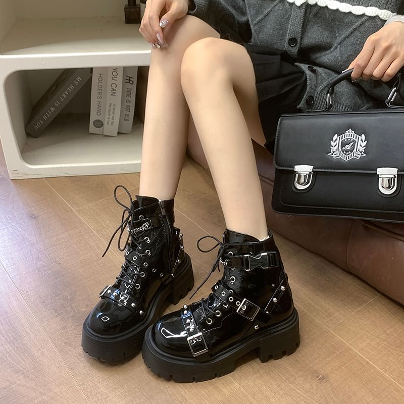 Patent Leather Boots Studded Platform Buckled Up Lace