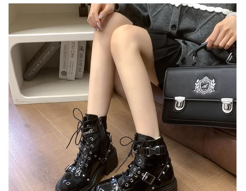 Patent Leather Boots Studded Platform Buckled Up Lace