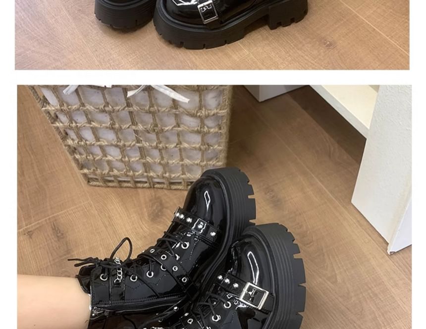 Patent Leather Boots Studded Platform Buckled Up Lace