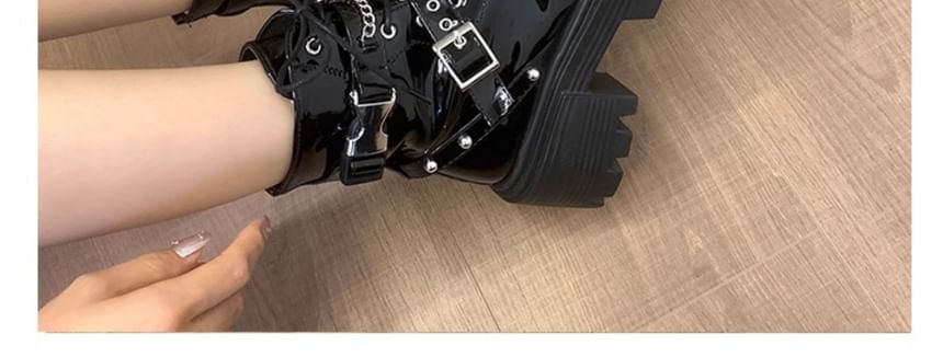 Patent Leather Boots Studded Platform Buckled Up Lace