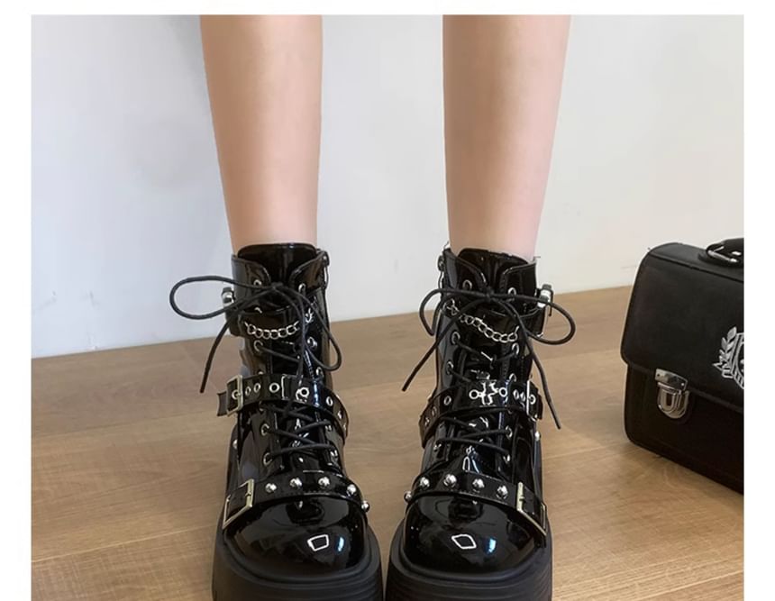 Patent Leather Boots Studded Platform Buckled Up Lace