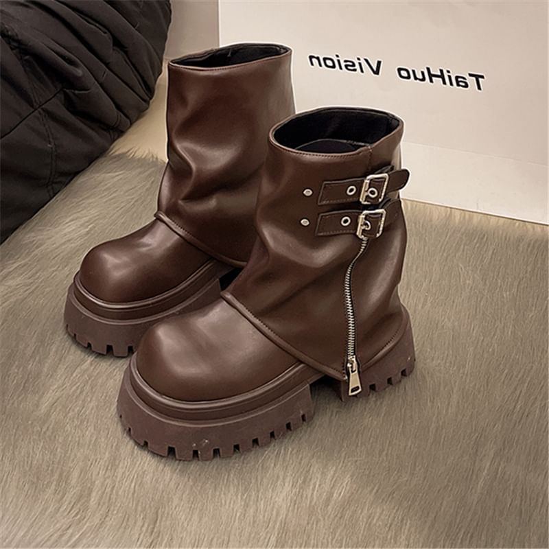 Short Panel Buckled Platform Zip Boots