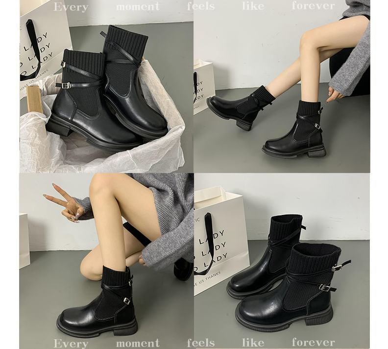 Platform Panel Knit Buckled Short Boots