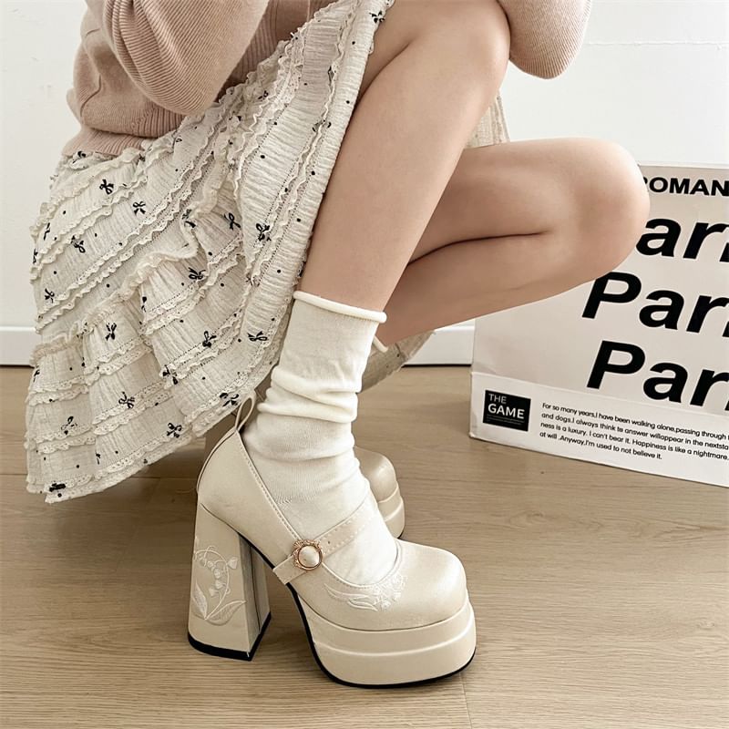 Floral Block Mary Jane Platform Heel Bow Embroidered Pumps