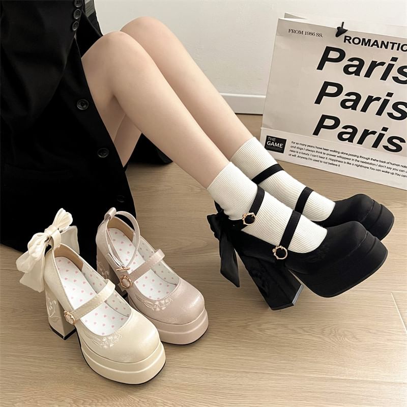Floral Block Mary Jane Platform Heel Bow Embroidered Pumps