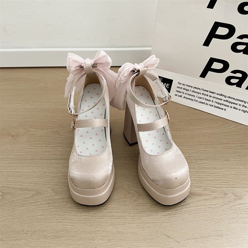 Floral Block Mary Jane Platform Heel Bow Embroidered Pumps