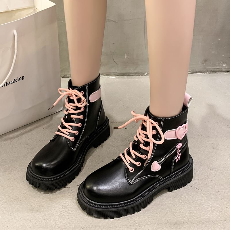 Panel Boots Lace Platform Buckled Up Short