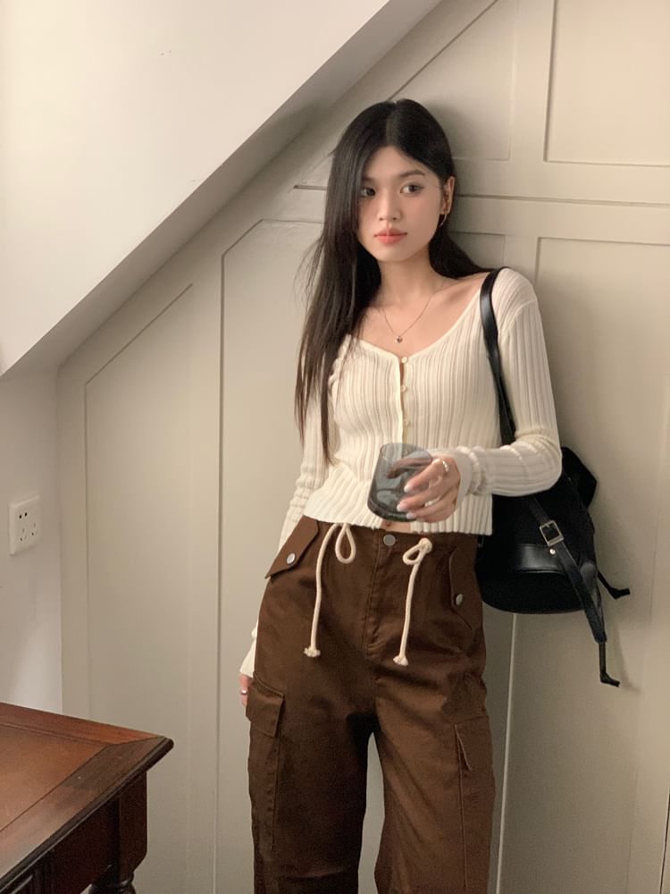 V-Neck Button-Up Crop Cardigan