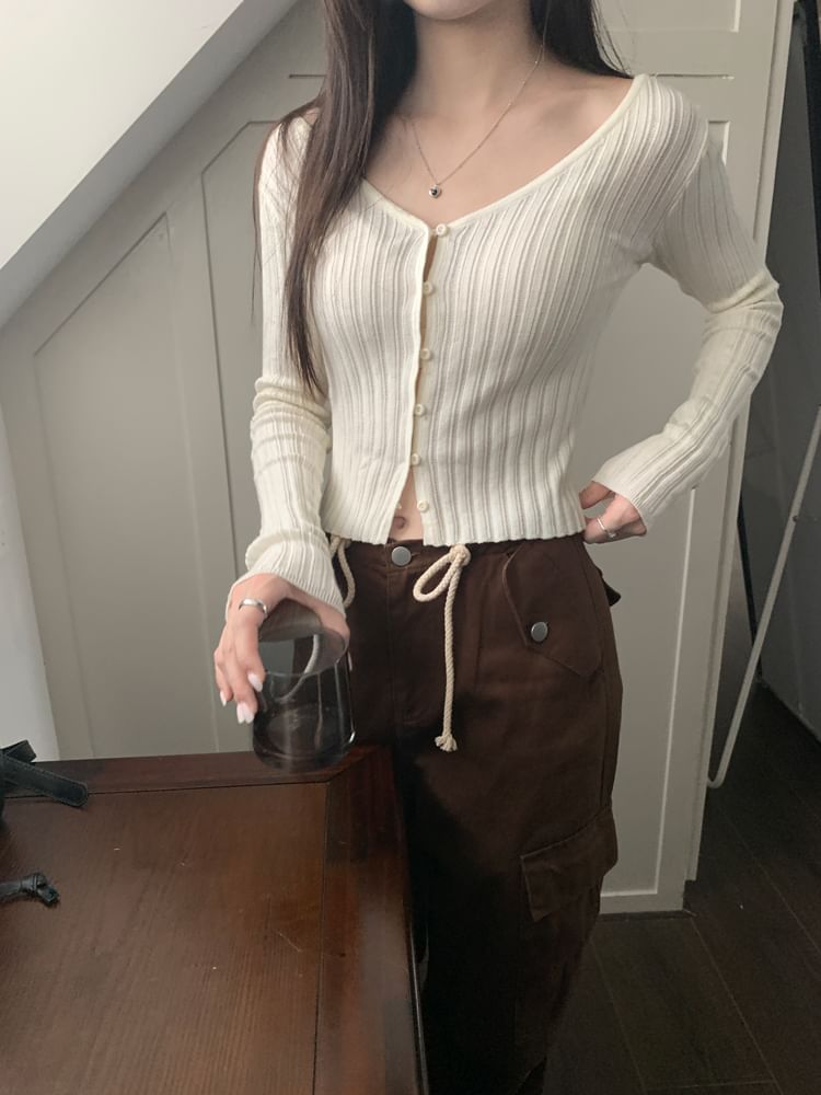 V-Neck Button-Up Crop Cardigan