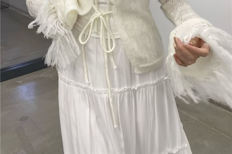 Fringed Tie Front Perforated Cardigan & Lace Camisole Set