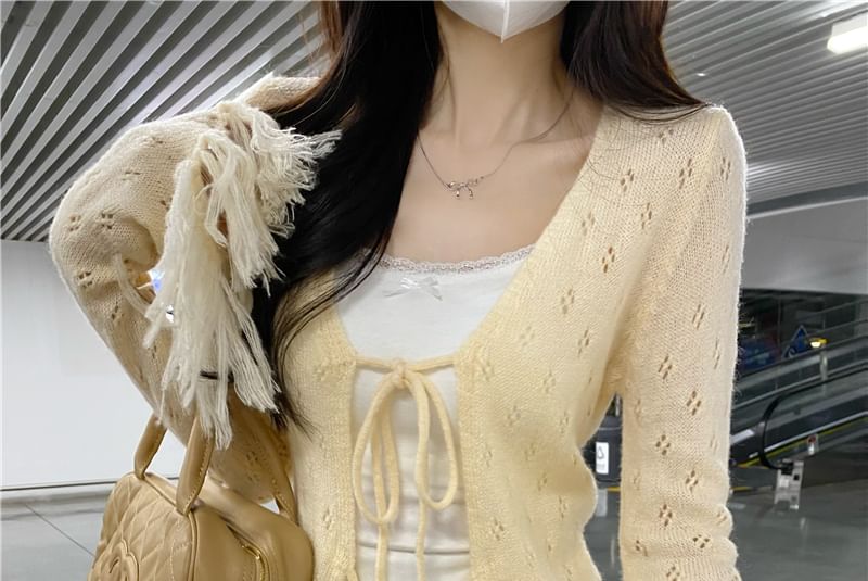 Fringed Tie Front Perforated Cardigan & Lace Camisole Set