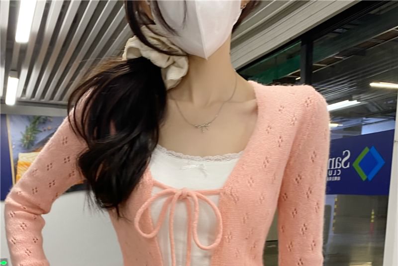 Fringed Tie Front Perforated Cardigan & Lace Camisole Set