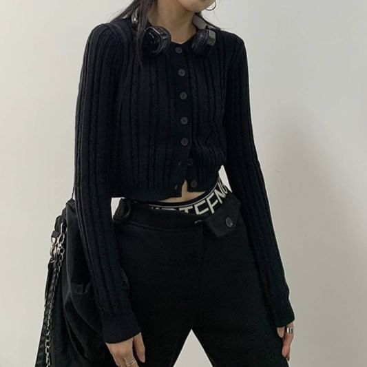 Crew Neck Cable Knit Cropped Cardigan - Plain Button-Up