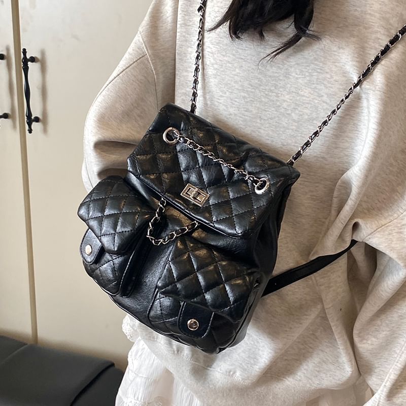Strap Leather Faux Backpack Quilted Chain