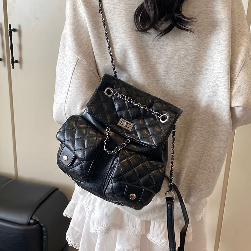 Strap Leather Faux Backpack Quilted Chain