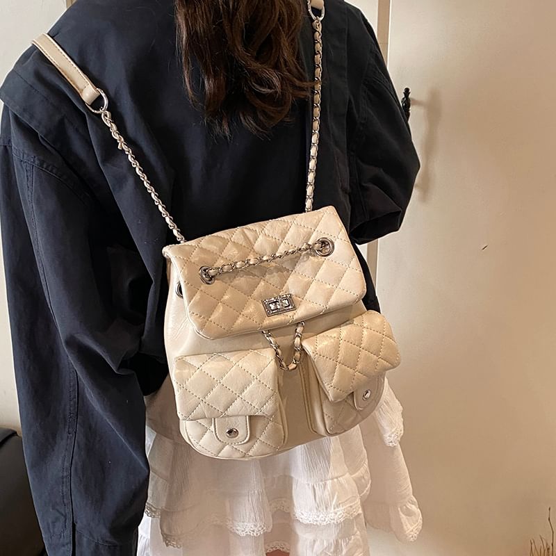 Strap Leather Faux Backpack Quilted Chain