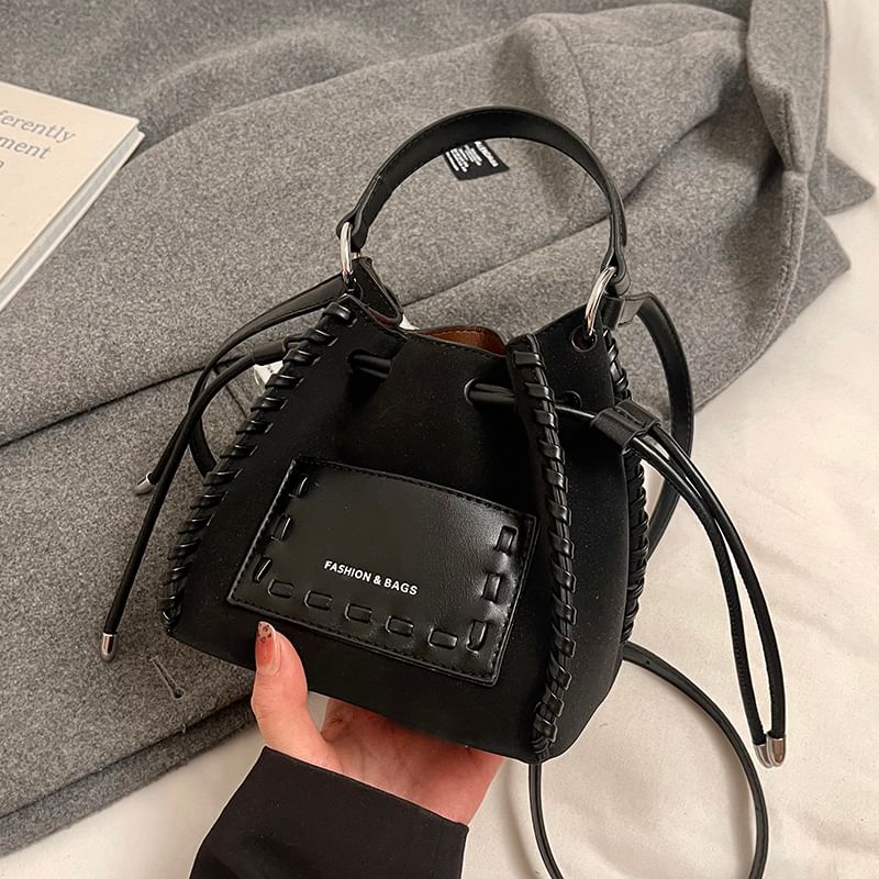 Drawstring Leather Applique Bucket Bag Faux