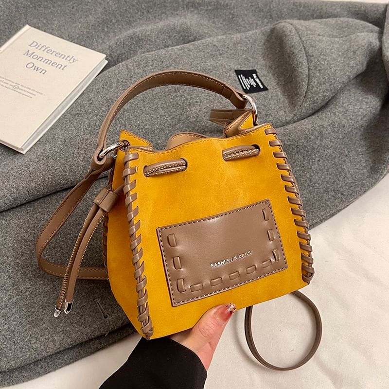 Drawstring Leather Applique Bucket Bag Faux