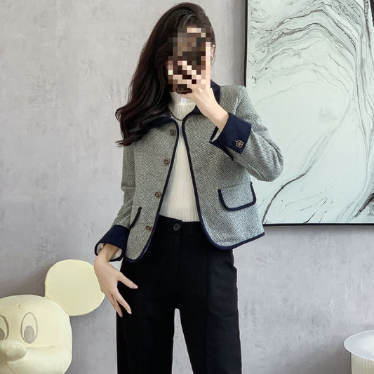 Contrast Collar Tweed Button-Up Jacket