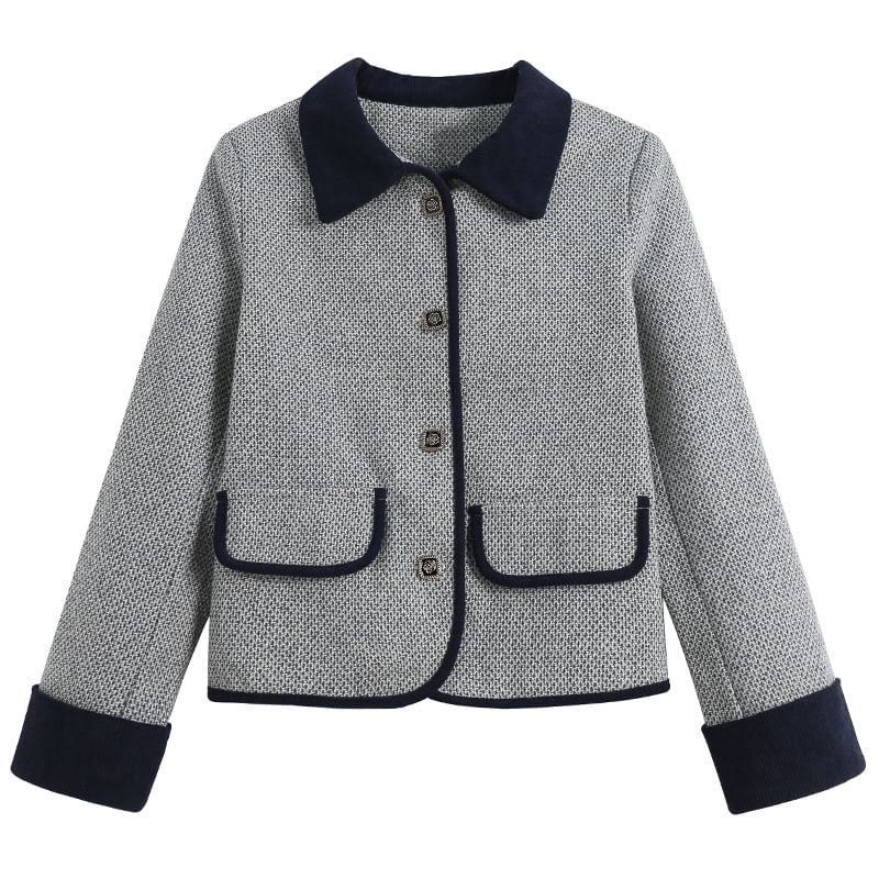 Contrast Collar Tweed Button-Up Jacket