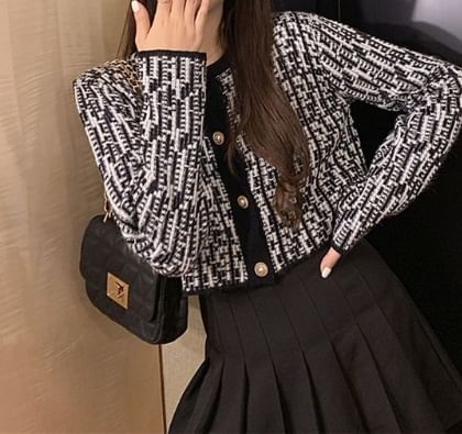 Crewneck Tweed Button-Up Jacket