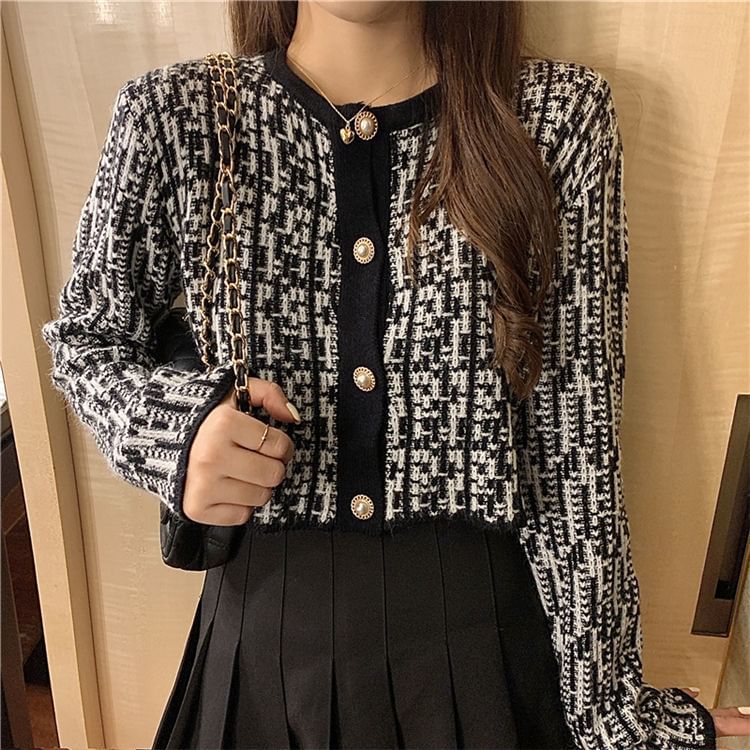 Crewneck Tweed Button-Up Jacket