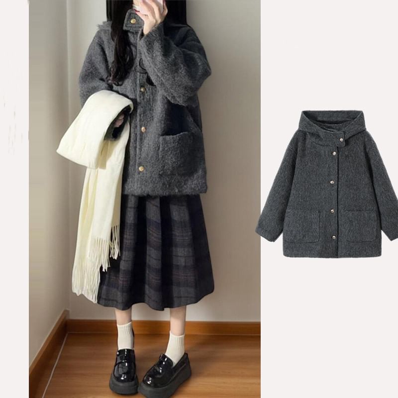 Hooded Plain Button Down Wool Coat