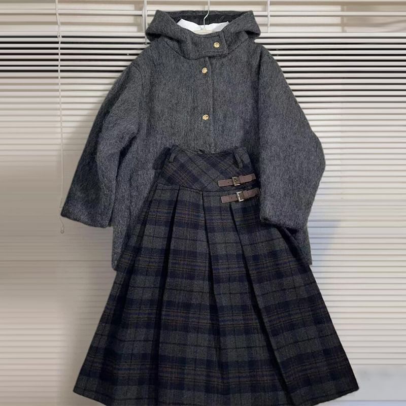 Hooded Plain Button Down Wool Coat