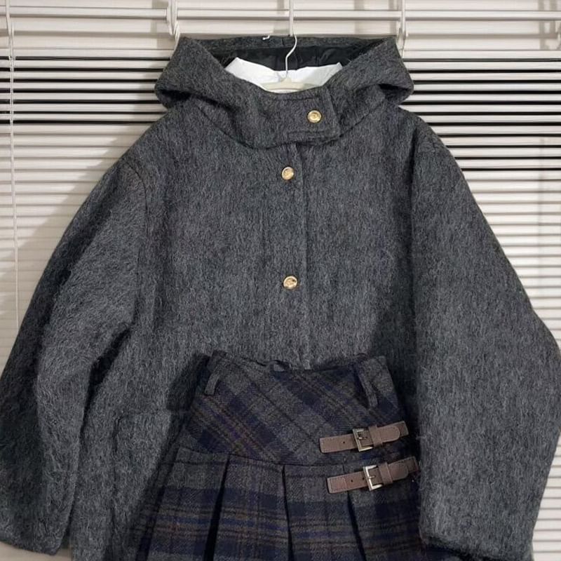 Hooded Plain Button Down Wool Coat