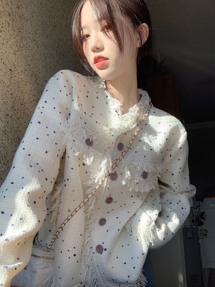 Round Neck Melange Fringe Tweed Jacket
