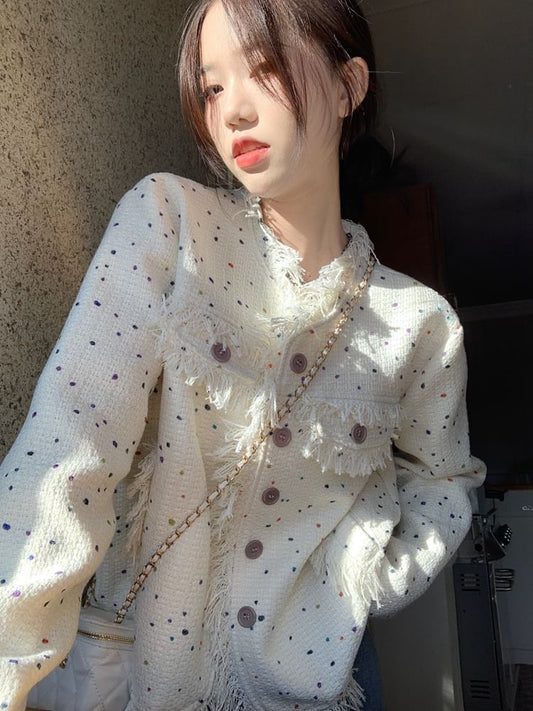 Round Neck Melange Fringe Tweed Jacket