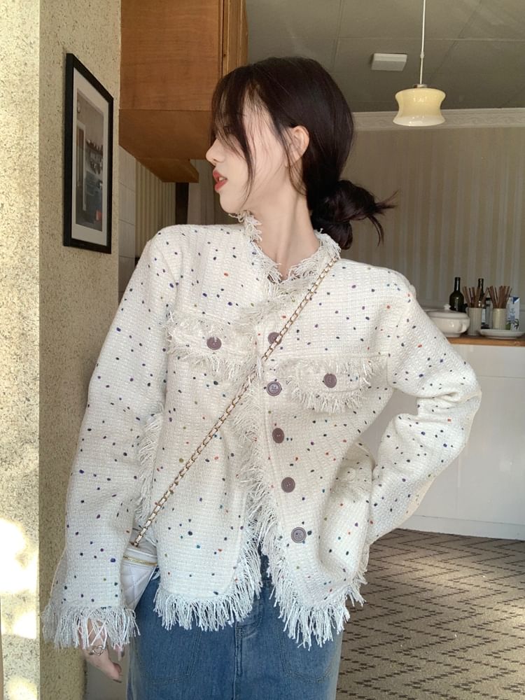 Round Neck Melange Fringe Tweed Jacket