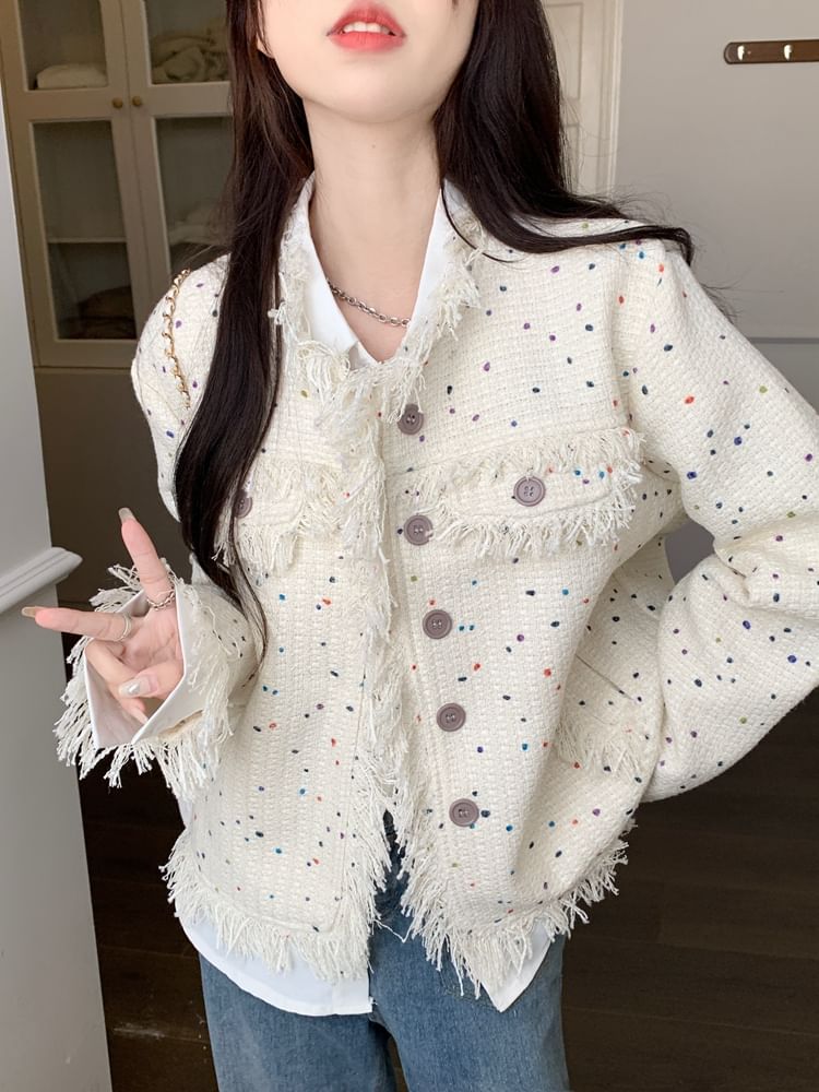 Round Neck Melange Fringe Tweed Jacket