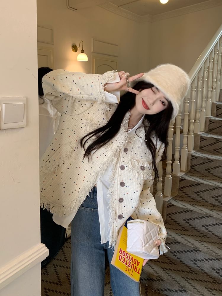 Round Neck Melange Fringe Tweed Jacket