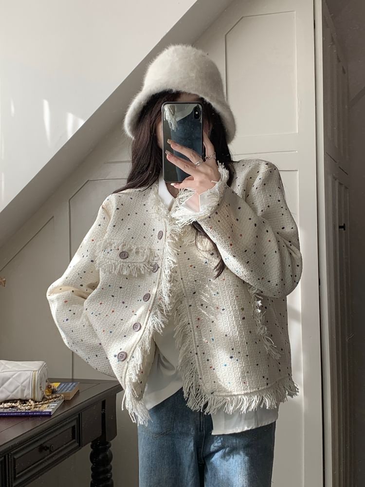 Round Neck Melange Fringe Tweed Jacket