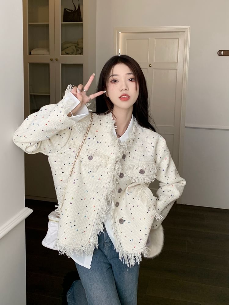 Round Neck Melange Fringe Tweed Jacket