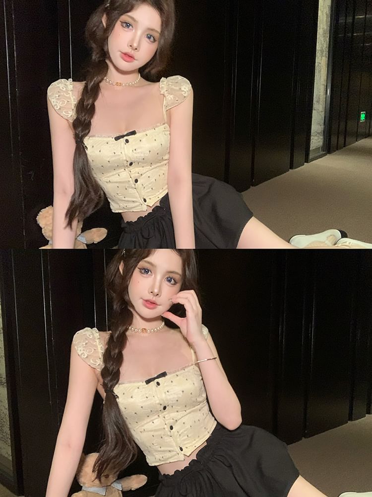 Lace Floral Cropped Camisole Top Bow
