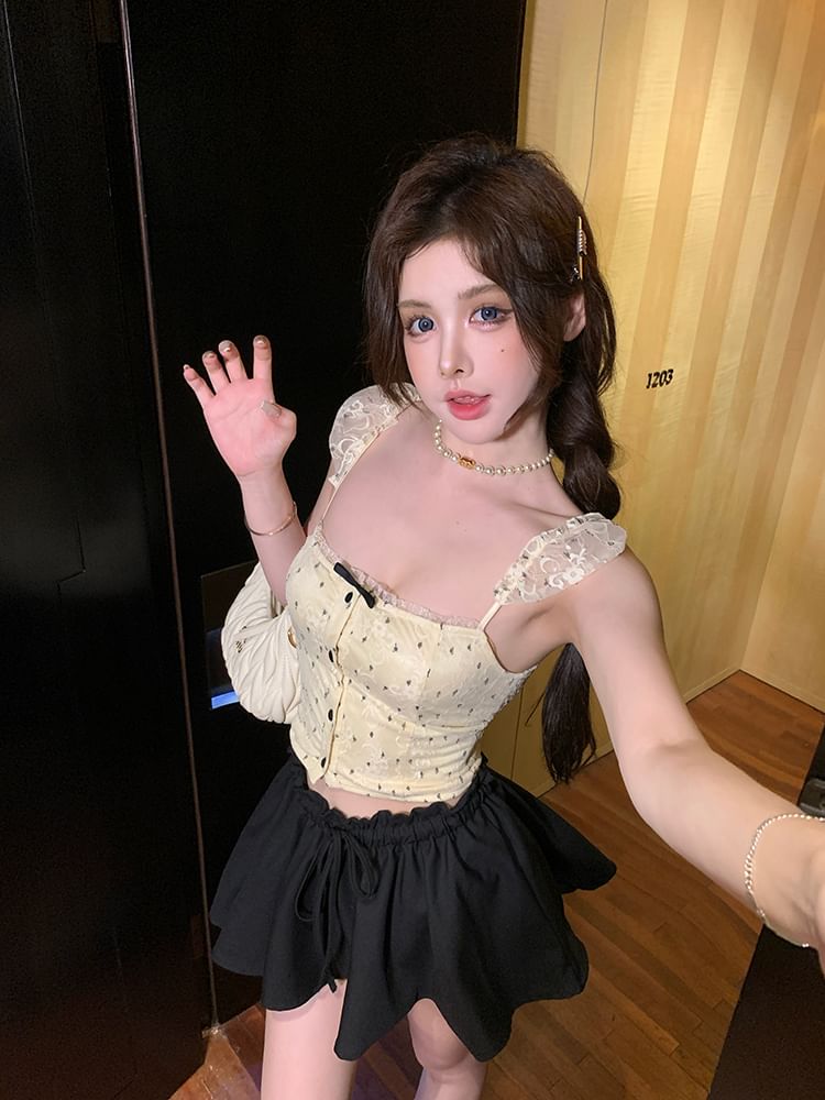 Lace Floral Cropped Camisole Top Bow