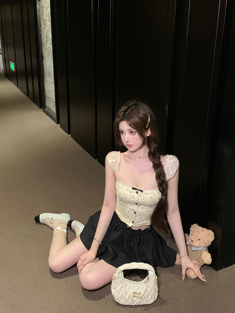 Lace Floral Cropped Camisole Top Bow