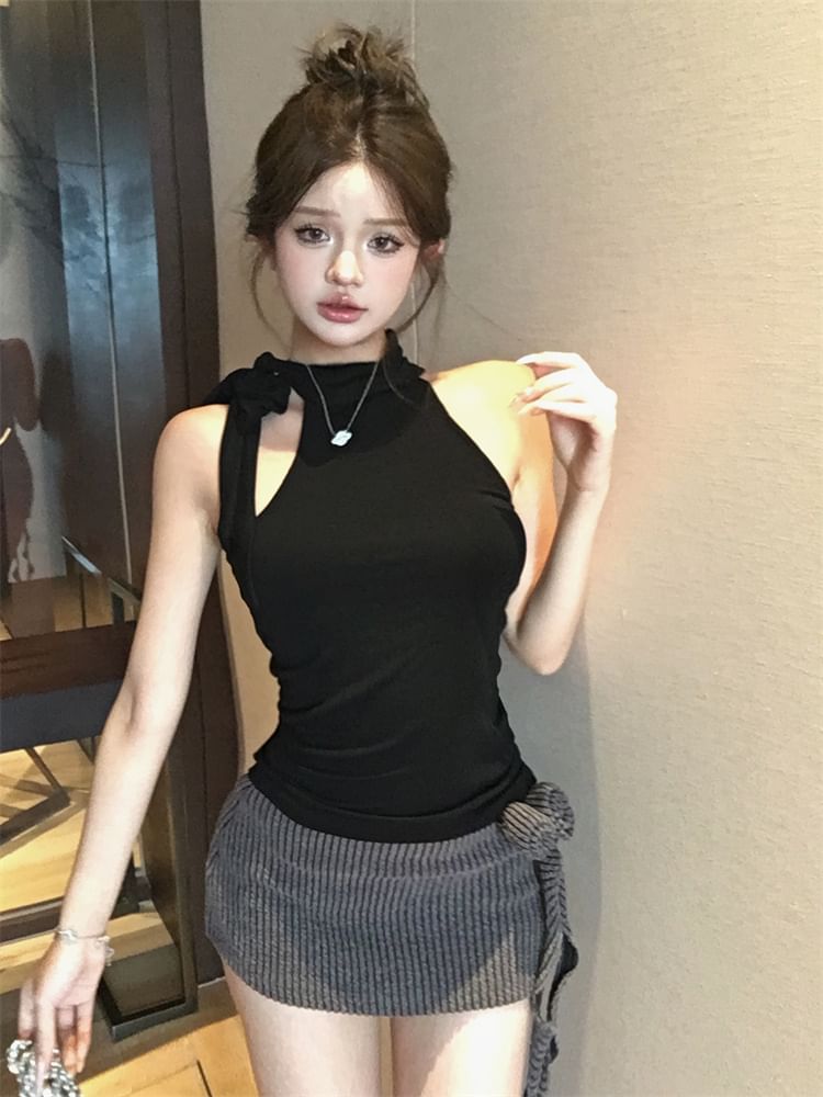 Neck Detail Flower Low Halter Plain Skirt Pencil Mini Mock Top / Waist