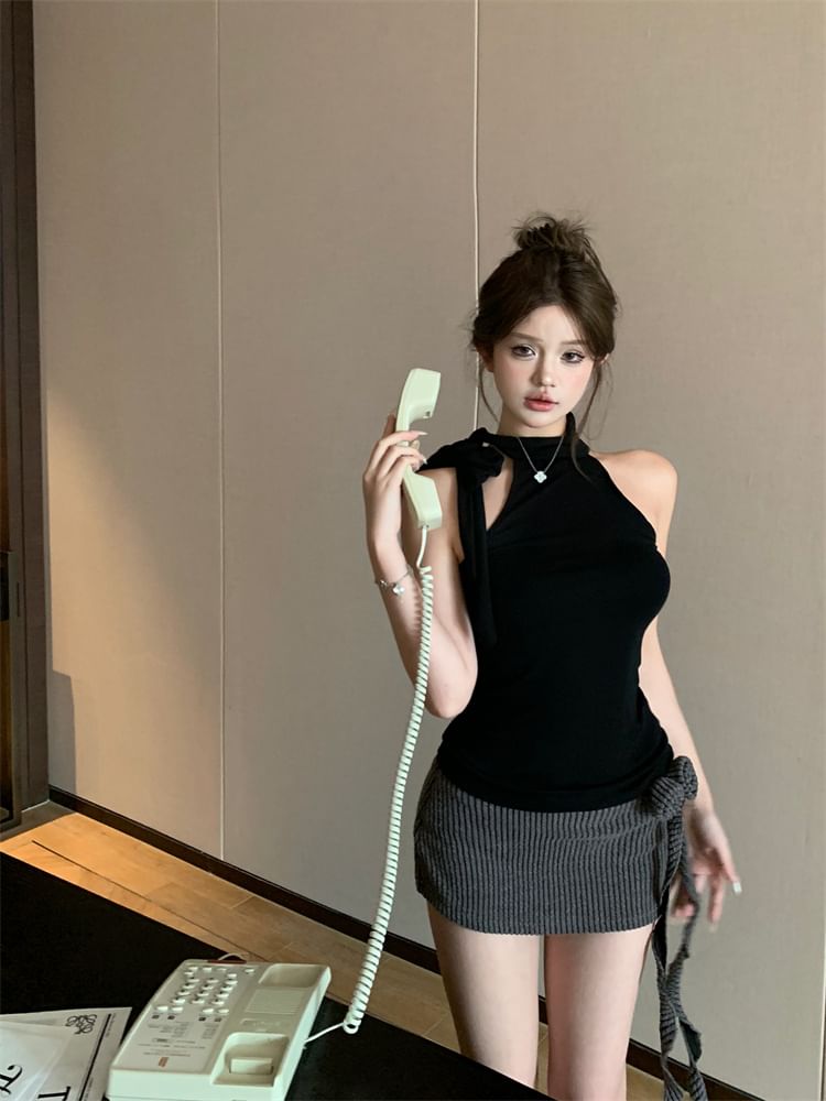 Neck Detail Flower Low Halter Plain Skirt Pencil Mini Mock Top / Waist